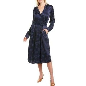 Vince Tulip Navy Satin Jacquard Floral Long Sleeve Midi Dress Sz. Small‎
